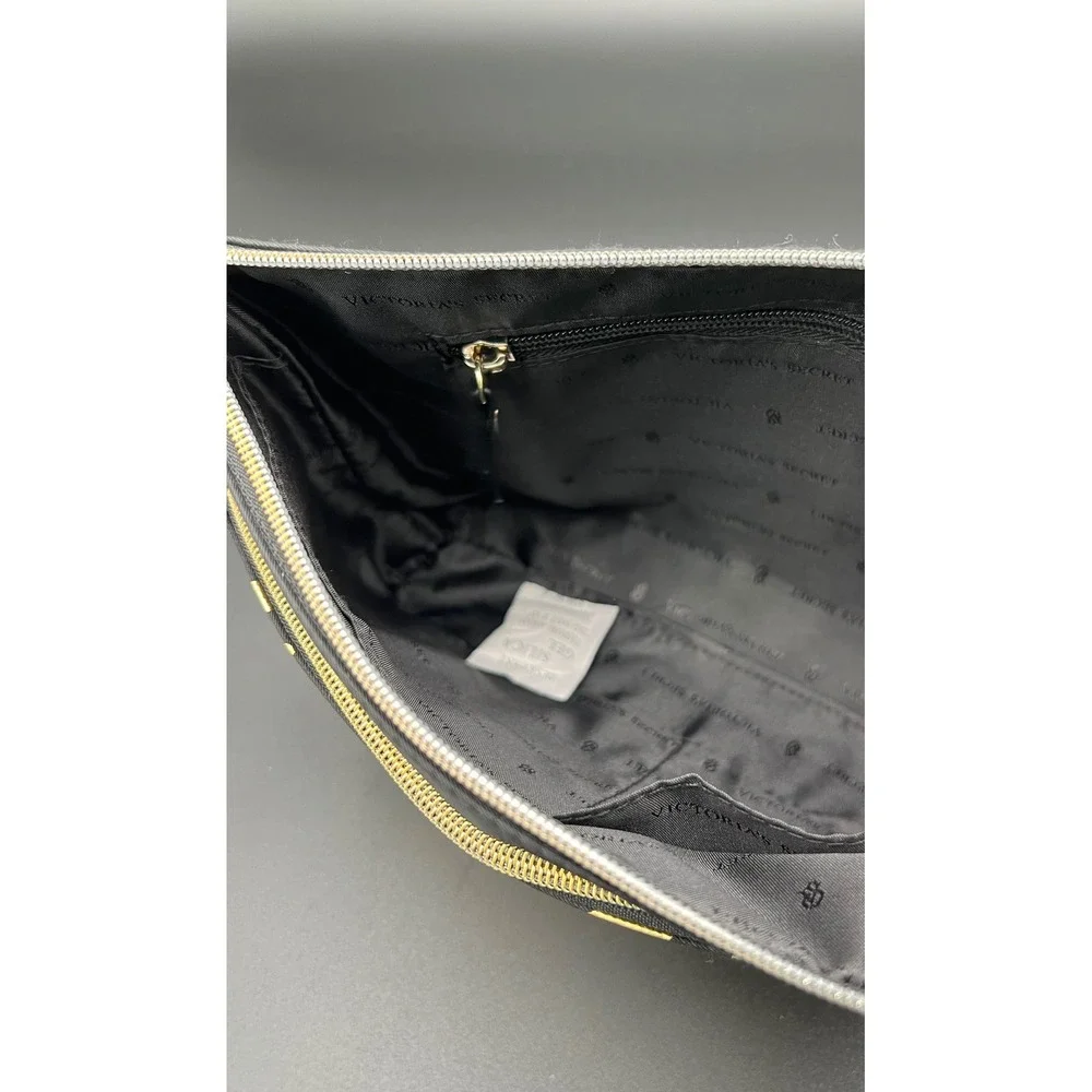 Victoria's Secret Black Gold Script Logo Makeup Bag Nylon Cosmetic Pouch NEW